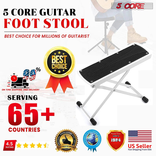 5Core Guitar Foot Stool Height Adjustable Folding Leg Rest Classical Footrest WHITE