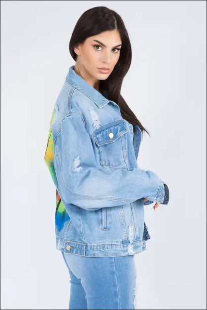 American Bazi Full Size Painted Back Distressed Denim Jacket