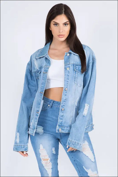 American Bazi Full Size Painted Back Distressed Denim Jacket - Blue / S