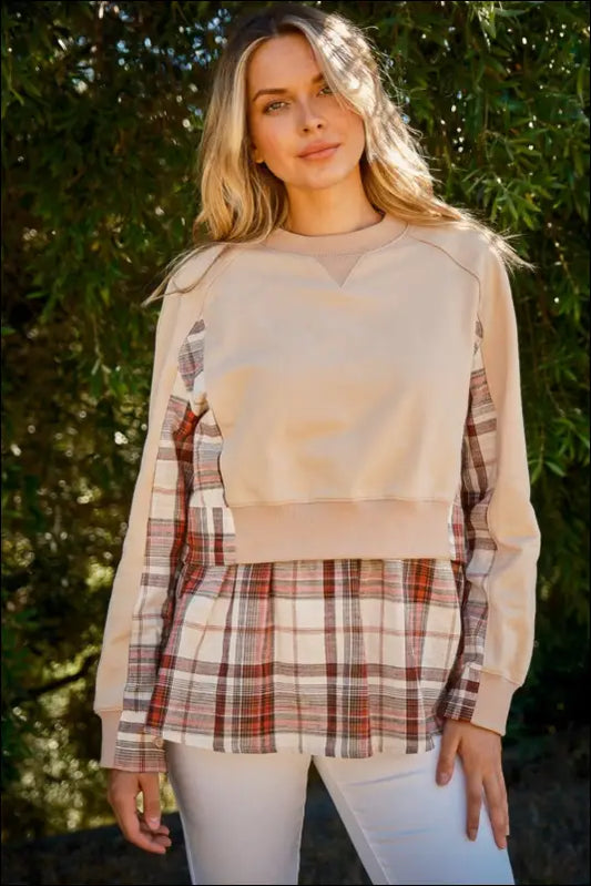 The Why Full Size Double Layered Plaid Contrast Sweatshirt - Taupe / S