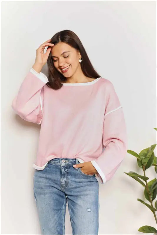 Angel Wings Contrast Detail Dropped Shoulder Knit Top - Blush Pink / S