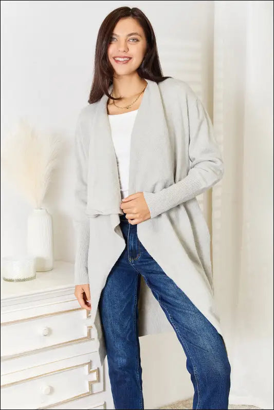 Angel Wings Open Front Duster Cardigan with Pockets - Light Gray / S