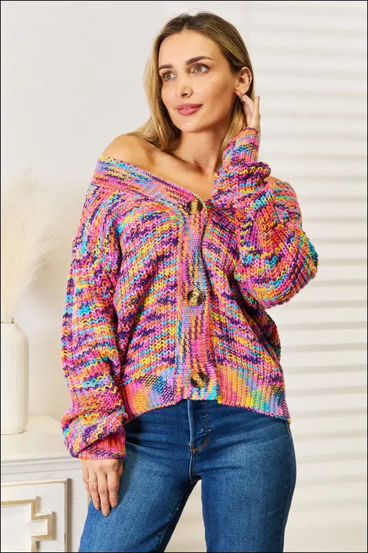 Angel Wings Woven Right V-Neck Long Sleeve Cardigan - Multicolor / S