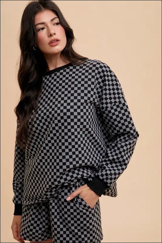 Annie Wear Checkered Round Neck Top and Drawstring Shorts Set - Black / S