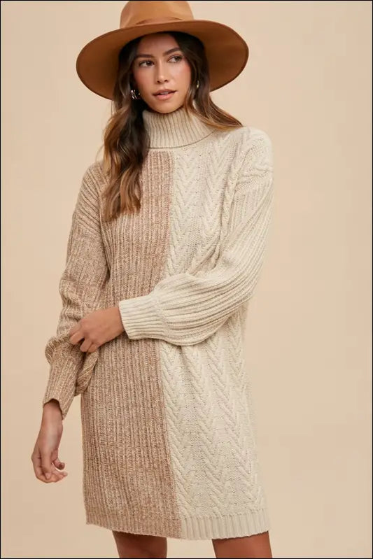 Annie Wear Color Block Turtleneck Sweater Dress - Taupe / S