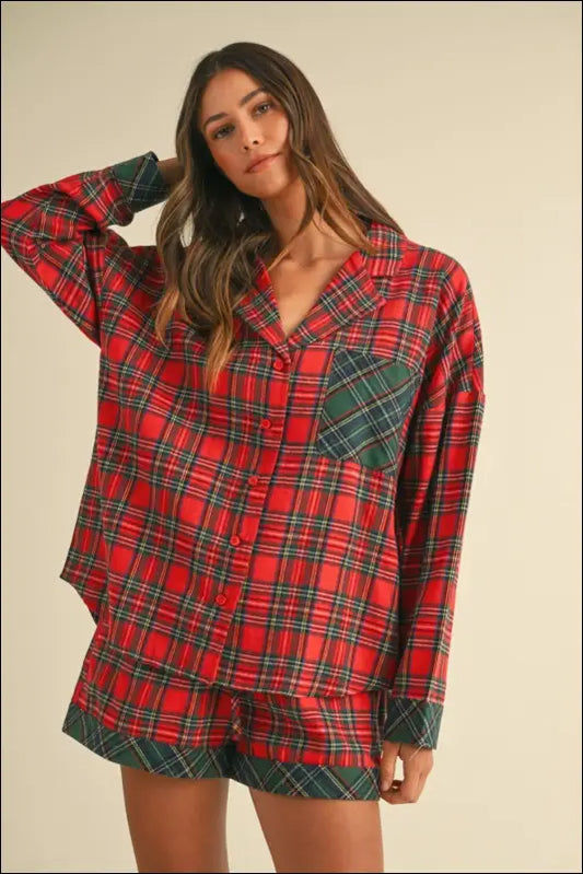 Annie Wear Contrast Plaid Long Sleeve Top and Shorts Set - Red / S