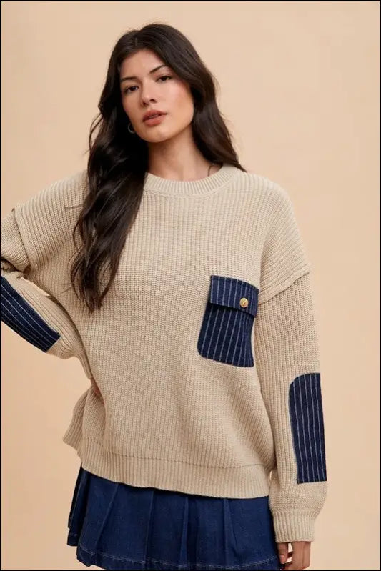 Annie Wear Contrast Round Neck Drop Shoulder Sweater with Patch Pocket - Khaki / S