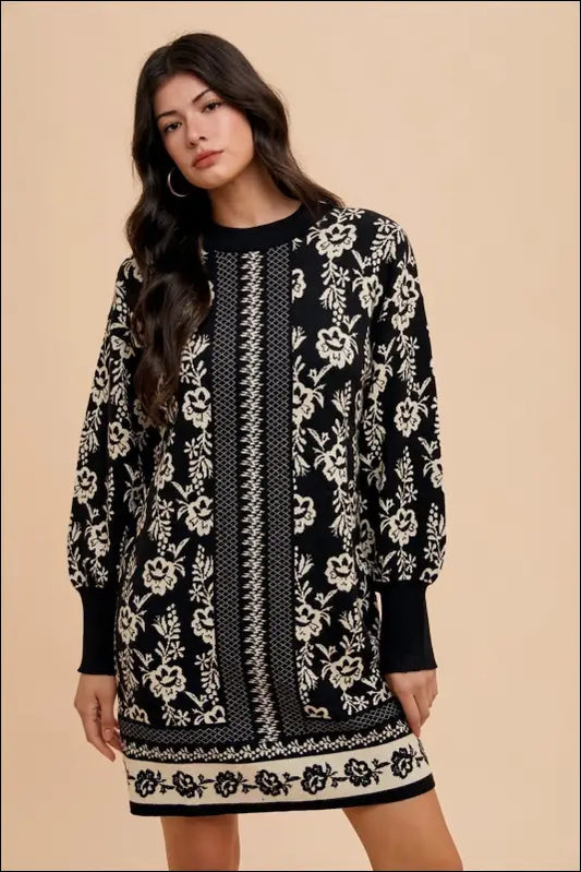 Annie Wear Floral Jacquard Round Neck Sweater Dress - Black/Oatmeal / S