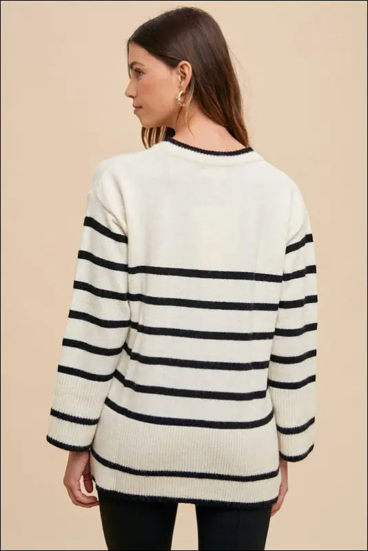 Annie Wear Side Slit Striped Round Neck Sweater