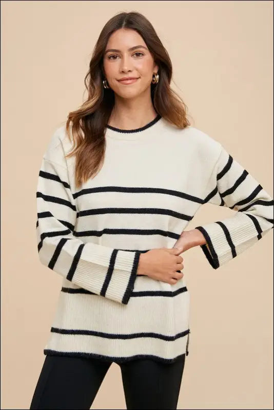 Annie Wear Side Slit Striped Round Neck Sweater