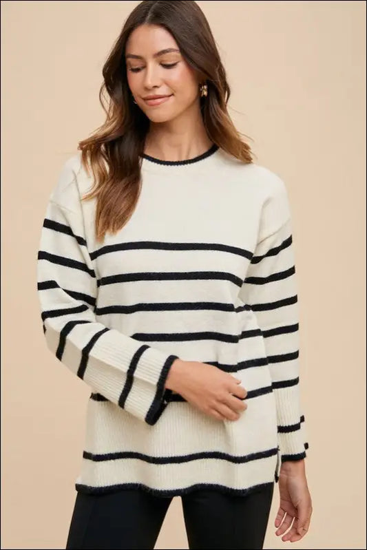 Annie Wear Side Slit Striped Round Neck Sweater - S