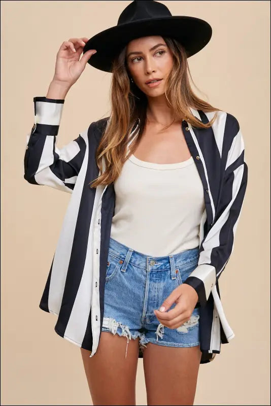 Annie Wear Striped Dropped Shoulder Button Up Shirt - Black/Ivory / S