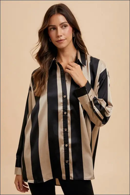 Annie Wear Striped Dropped Shoulder Button Up Shirt - Black/Khaki / S