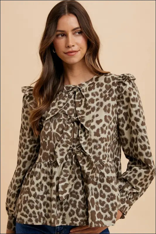 Annie Wear Tied Leopard Round Neck Peplum Blouse - Mocha / S