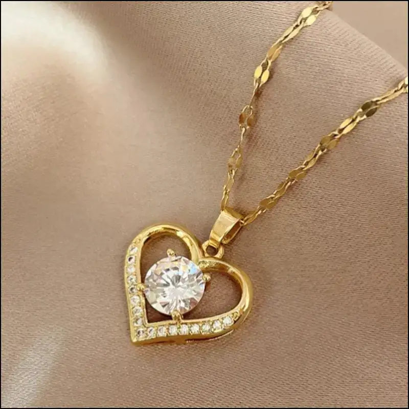 Artificial Gems Heart Pendant Necklace for Women 2022 - Golden Stainless Steel Lips Neck Chain Female Jewelry Girls