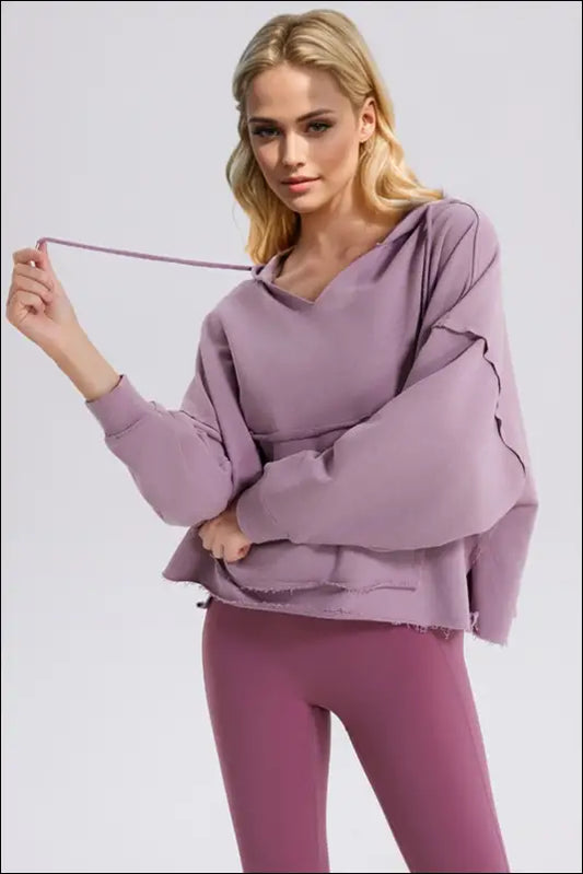 Basic Bae Drawstring Frayed Hem Long Sleeve Hoodie - Lilac / S