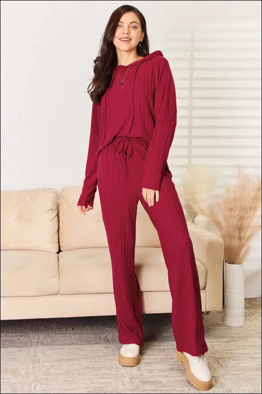 Basic Bae Full Size Ribbed Drawstring Hooded Top and Straight Pants Set - Deep Red / S