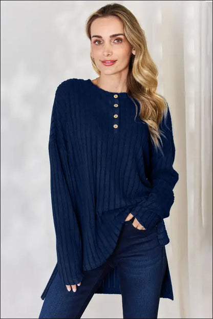 Basic Bae Full Size Ribbed Half Button Long Sleeve High-Low T-Shirt - Dark Blue / S