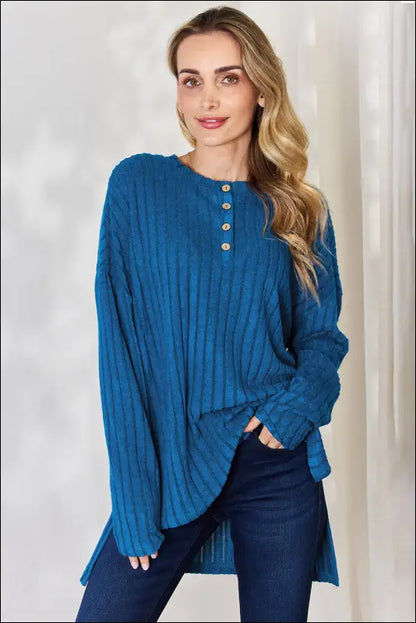 Basic Bae Full Size Ribbed Half Button Long Sleeve High-Low T-Shirt - Sky Blue / S