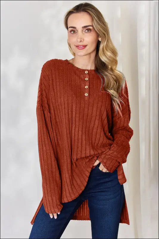 Basic Bae Full Size Ribbed Half Button Long Sleeve High-Low T-Shirt - Rust / S