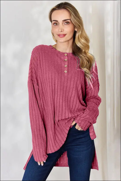 Basic Bae Full Size Ribbed Half Button Long Sleeve High-Low T-Shirt - Hot Pink / S