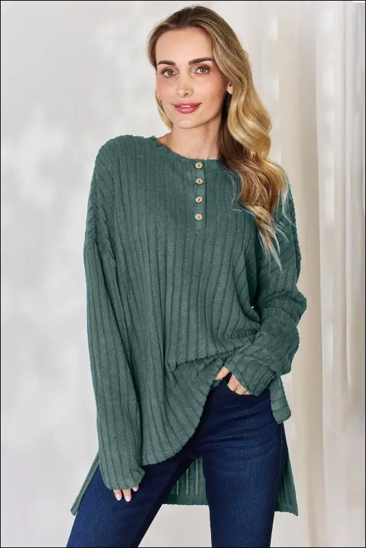 Basic Bae Full Size Ribbed Half Button Long Sleeve High-Low T-Shirt - Army Green / S