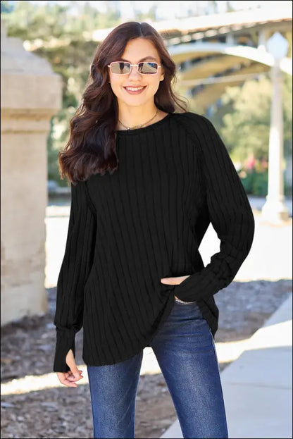 Basic Bae Full Size Ribbed Round Neck Long Sleeve Knit Top - Black / S