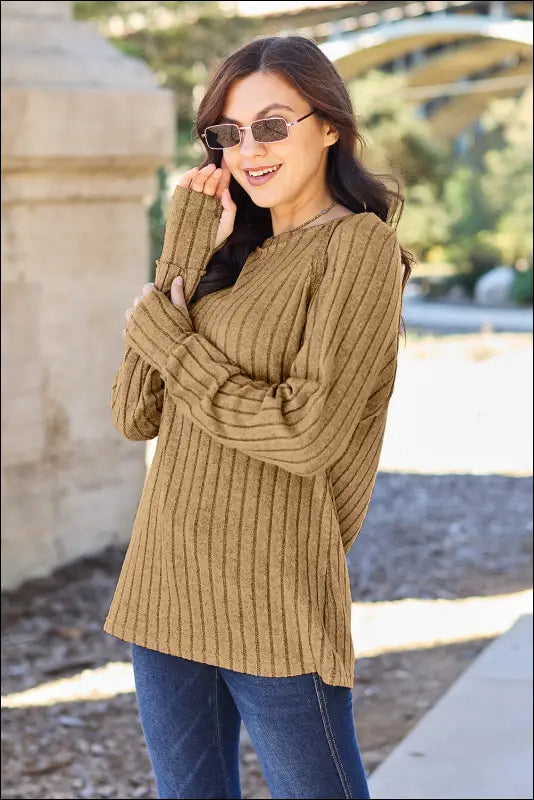 Basic Bae Full Size Ribbed Round Neck Long Sleeve Knit Top - Khaki / S