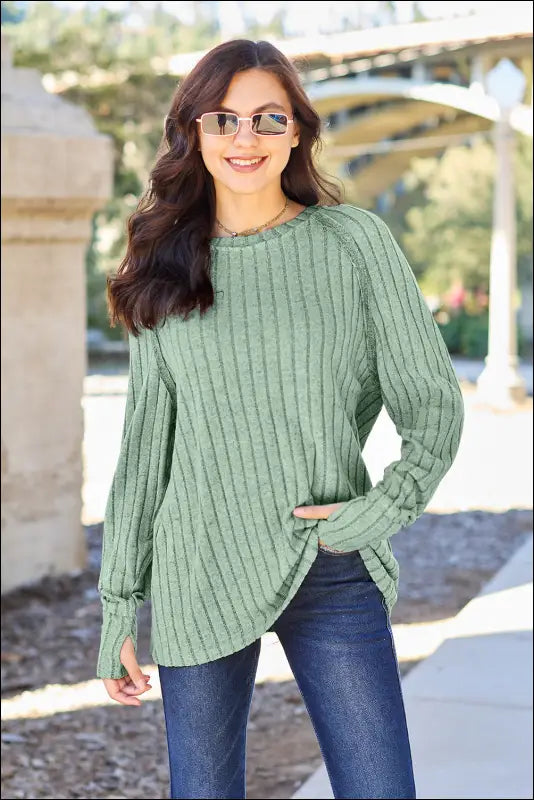 Basic Bae Full Size Ribbed Round Neck Long Sleeve Knit Top - Light Green / S