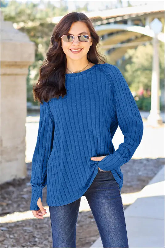 Basic Bae Full Size Ribbed Round Neck Long Sleeve Knit Top - Royal Blue / S