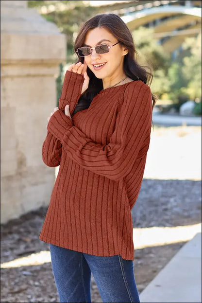 Basic Bae Full Size Ribbed Round Neck Long Sleeve Knit Top - Rust / S