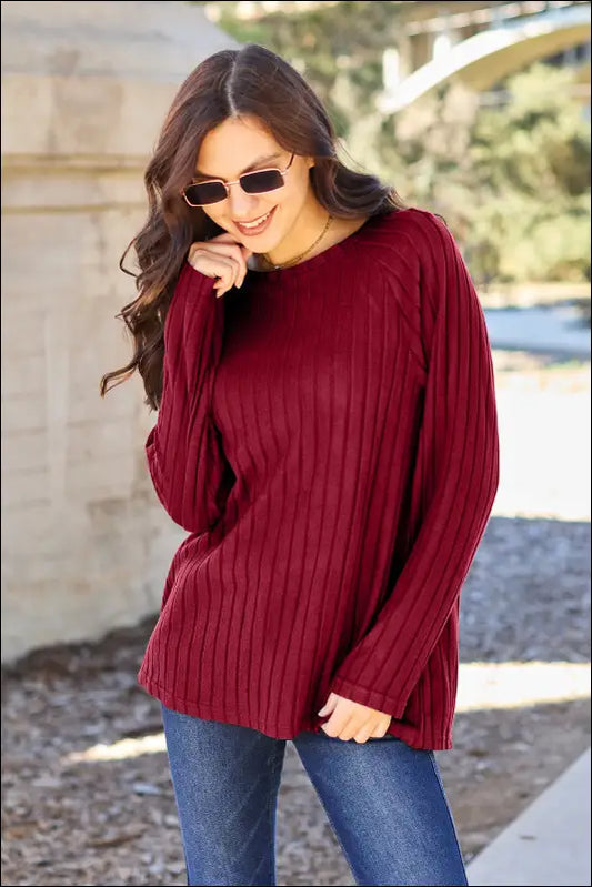 Basic Bae Full Size Ribbed Round Neck Long Sleeve Knit Top - Scarlet / S