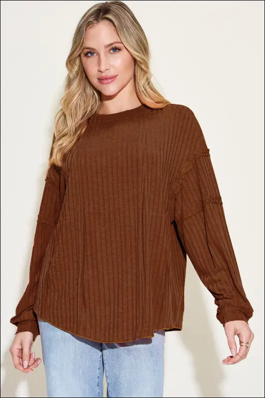 Basic Bae Full Size Ribbed Round Neck Long Sleeve T-Shirt - Dark Brown / S