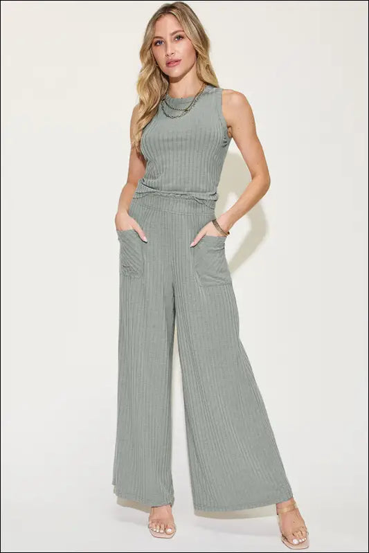 Basic Bae Full Size Ribbed Tank and Wide Leg Pants Set - Gray / S