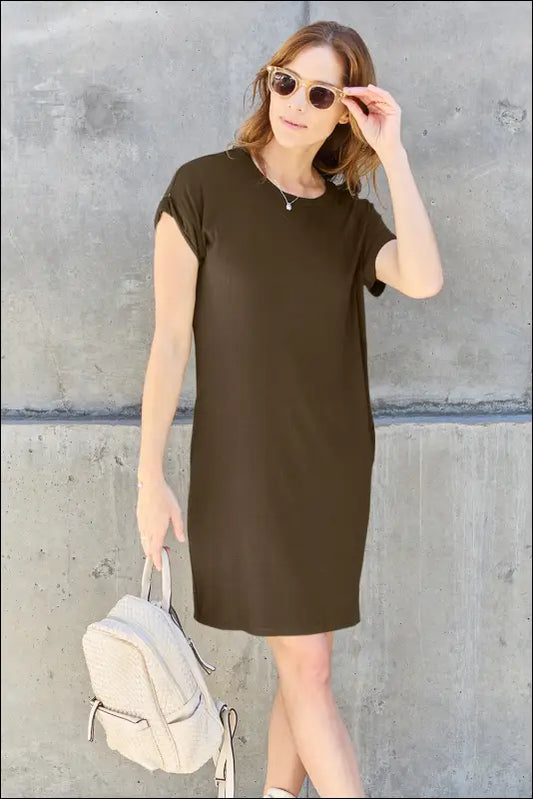 Basic Bae Full Size Round Neck Short Sleeve Dress with Pockets - Mocha / S