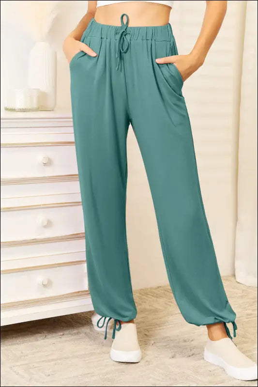 Basic Bae Full Size Soft Rayon Drawstring Waist Pants with Pockets - Turquoise / S