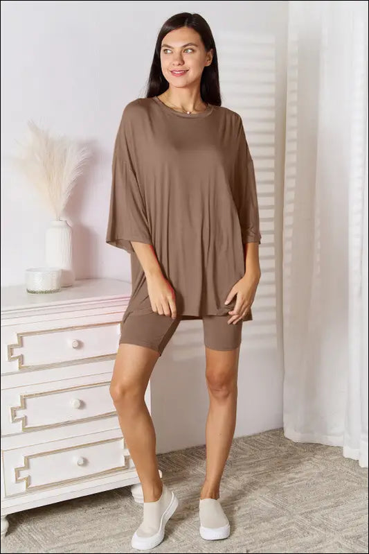 Basic Bae Full Size Soft Rayon Three-Quarter Sleeve Top and Shorts Set - Mocha / S