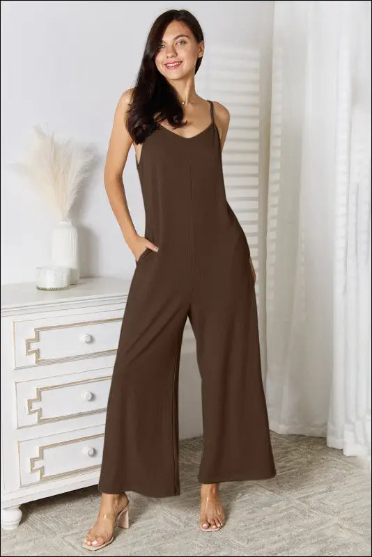 Basic Bae Full Size Spaghetti Strap V-Neck Jumpsuit - Chocolate / S