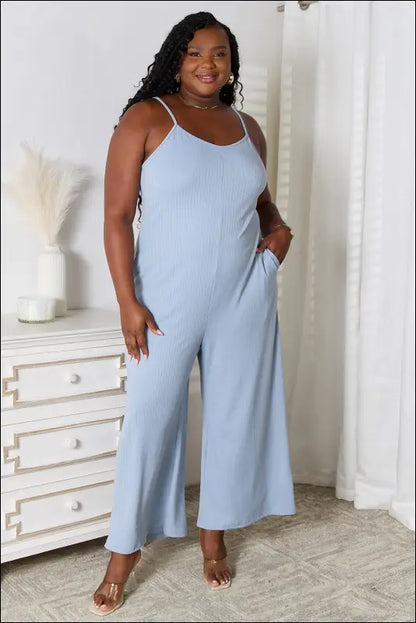 Basic Bae Full Size Spaghetti Strap V-Neck Jumpsuit - Light Blue / S