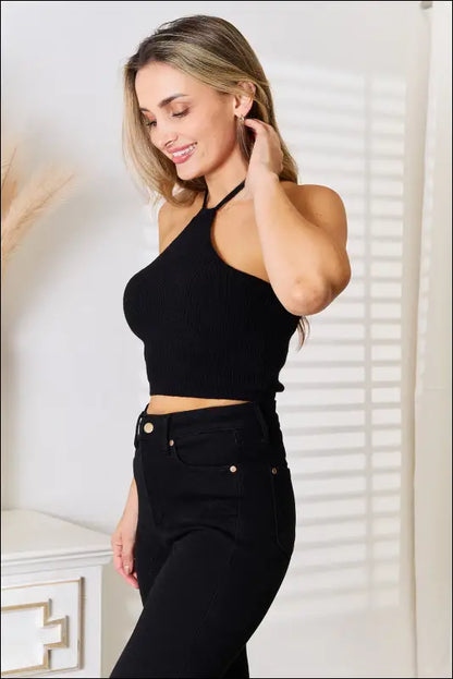 Basic Bae Halter Neck Ribbed Cropped Knit Top