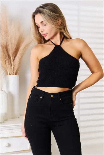 Basic Bae Halter Neck Ribbed Cropped Knit Top - Black / S