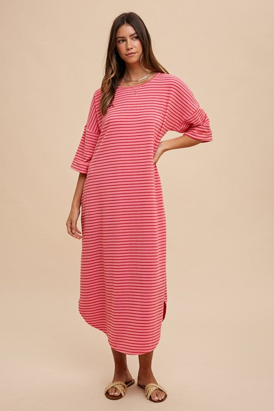 Annie Wear Striped Round Neck Terry Midi Dress