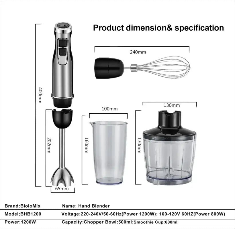 BioloMix 4-in-1 High Power 1200W Immersion Hand Stick Blender Mixer with Chopper & Smoothie Cup Stainless Steel Ice