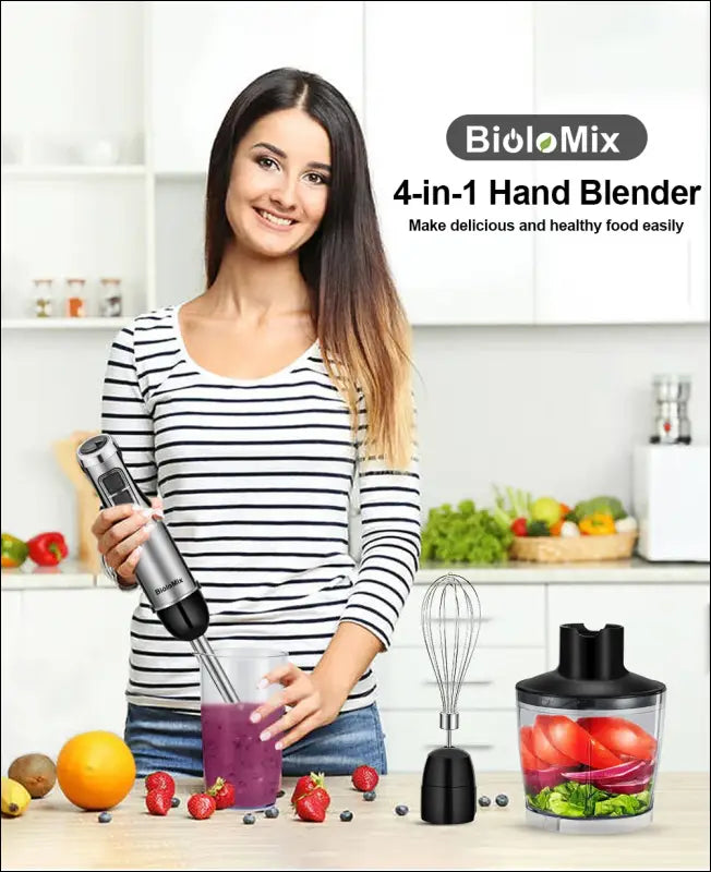 BioloMix 4-in-1 High Power 1200W Immersion Hand Stick Blender Mixer with Chopper & Smoothie Cup Stainless Steel Ice