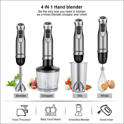 BioloMix 4-in-1 High Power 1200W Immersion Hand Stick Blender Mixer with Chopper & Smoothie Cup Stainless Steel Ice