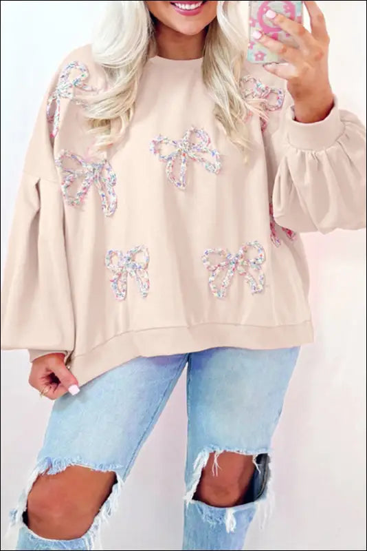 Bow Round Neck Long Sleeve Sweatshirt - Cream / S