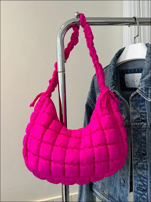 Bubble Texture Ruched Strap Quilted Shoulder Bag - Hot Pink / One Size