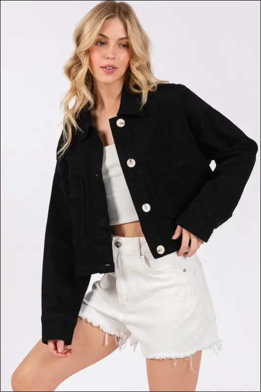 bytos Button Down Cropped Denim Jacket with Patch Pockets - Black / S