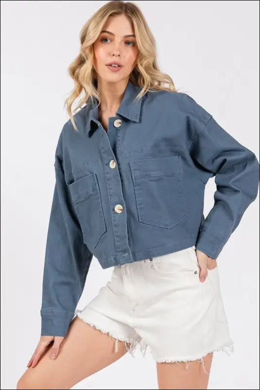 bytos Button Down Cropped Denim Jacket with Patch Pockets - French Blue / S