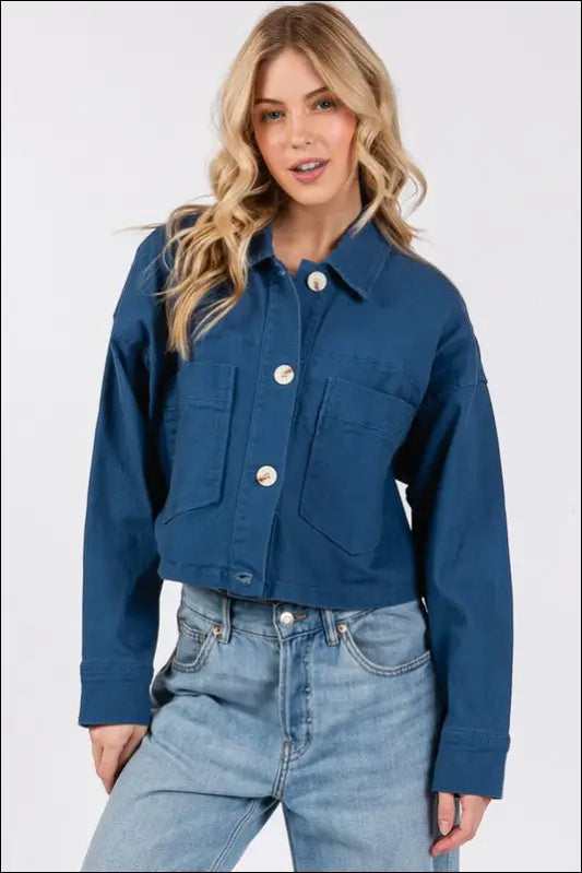 bytos Button Down Cropped Denim Jacket with Patch Pockets - Peacock Blue / S